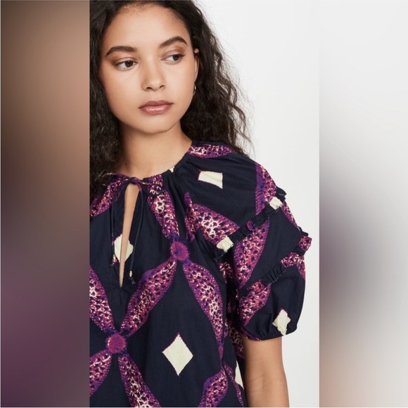 Ulla Johnson Arusi Top Plum Diamond‎ NEW Size 2 Cotton Poplin Ruffle Puff Sleeve - Picture 3 of 16